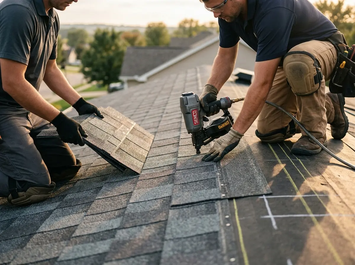Professional roofer working on a residential roof in Pittston